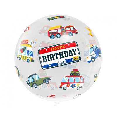 Transparentný Bobo balón PVC Happy Birthday Autíčka
