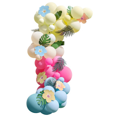 Balónová dekoračná sada Hawaii modré, ružové, zelené a žlté balóny s tropickými kvetmi a listami