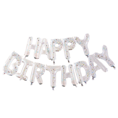 Fóliový balónový nápis Happy Birthday transparentný s farebnými konfetami