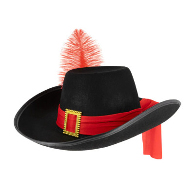 Mušketiersky klobúk čierny s červenou stuhou a pierkom