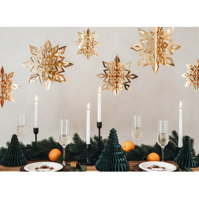 Zlaté 3D papierové snehové vločky – sada 6 ks