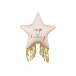 Fóliový Supershape balón hviezda „Happy Birthday“ so strapcami