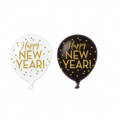 Latexový balón Happy New Year biele, čierne 27.5 cm