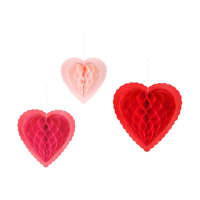 Papierové dekorácie Honeycomb – srdcia, mix 20–30 cm (3 ks)