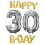 Fóliový balón HAPPY 30 B-DAY zlato-strieborný