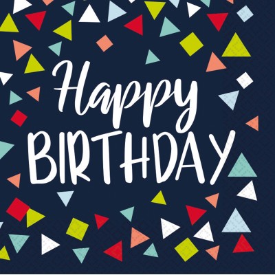 Servítky Happy B-day modré s farebnými konfetami