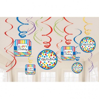 Visiaca špirálová dekorácia Happy B-Day konfety farebné