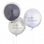 Latexovo transparentné Bobo balóny dvojvrstvové modro šedé Happy B-Day
