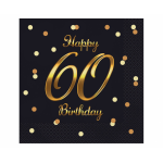 Servítky Happy Birthday 60 čierne so zlatým nápisom