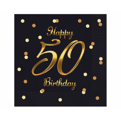 Servítky Happy Birthday 50 čierne so zlatou potlačou
