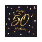 Servítky Happy Birthday 50 čierne so zlatou potlačou