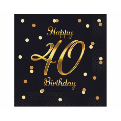 Servítky Happy Birthday 40 čierne so zlatou potlačou
