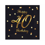 Servítky Happy Birthday 40 čierne so zlatou potlačou
